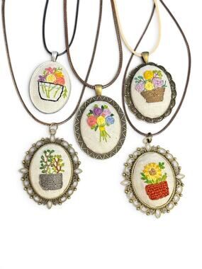 Handmade Embroidery Necklaces - Bundle of 5 Embroidered Botanical Floral Pendant